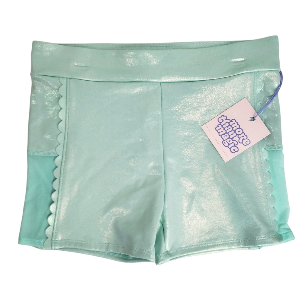 NEW More Than Magic Iridescent Blue Shorts with Mesh Side Panels Scallop Trim
